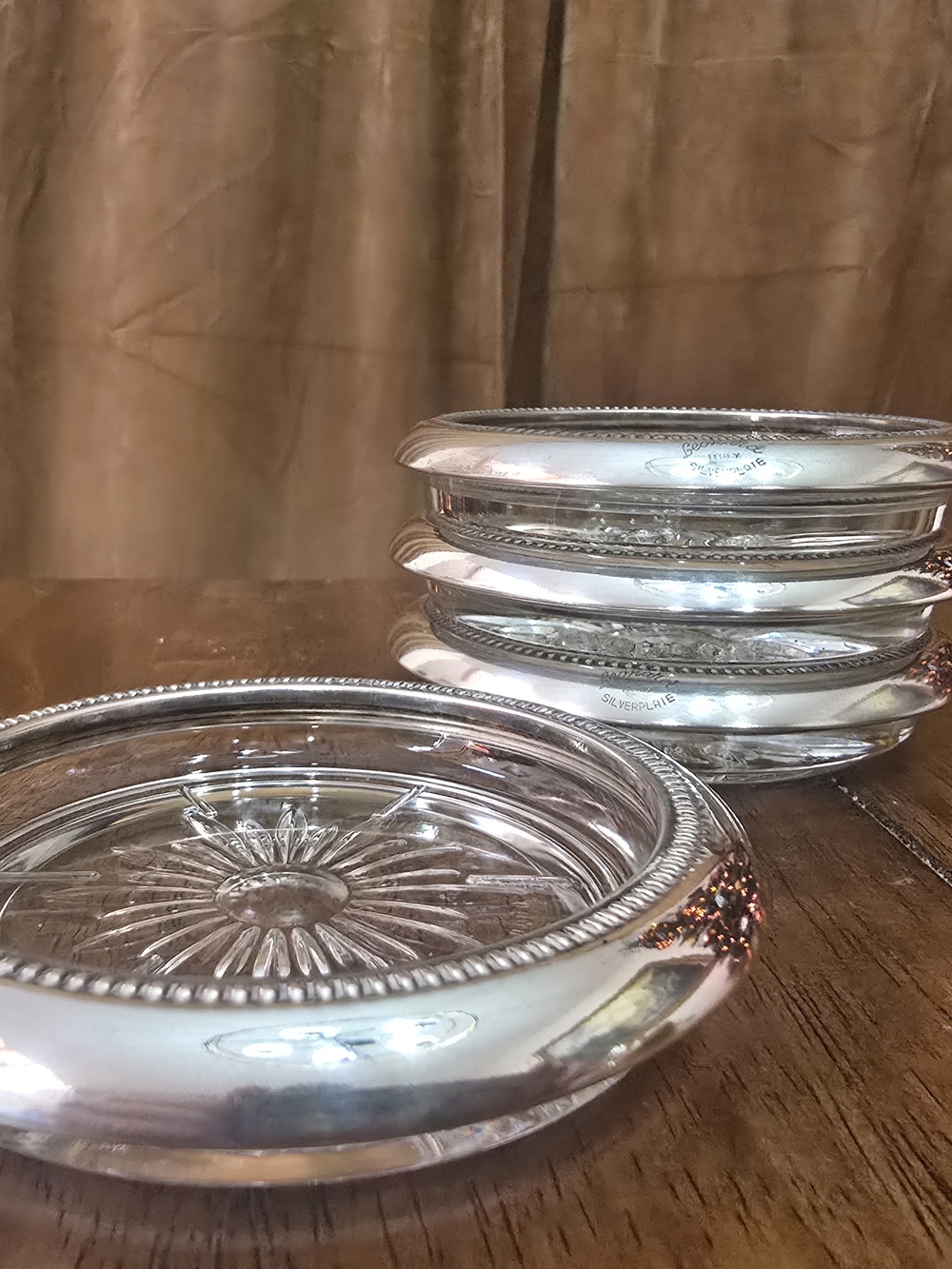 VTG 1970s Leonard Silverplate Glass Coasters Set of 4 Italy Starburst Beaded Rim